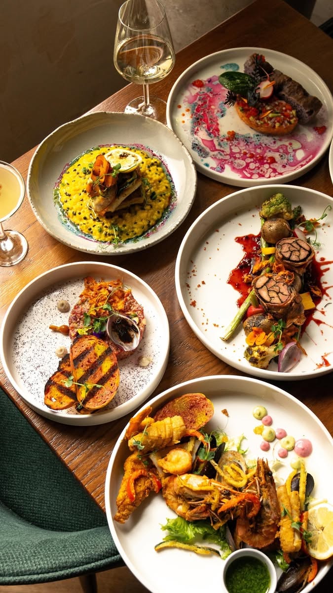 Overhead shot of a vibrant, styled restaurant dish shot for Farrow & Ale's social feed